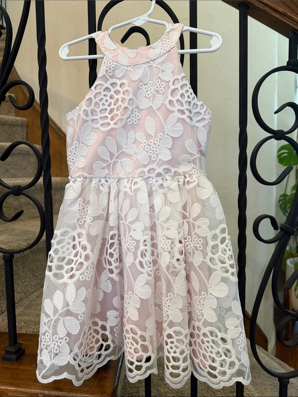 Bardot Pink Dress with White Lace Overlay